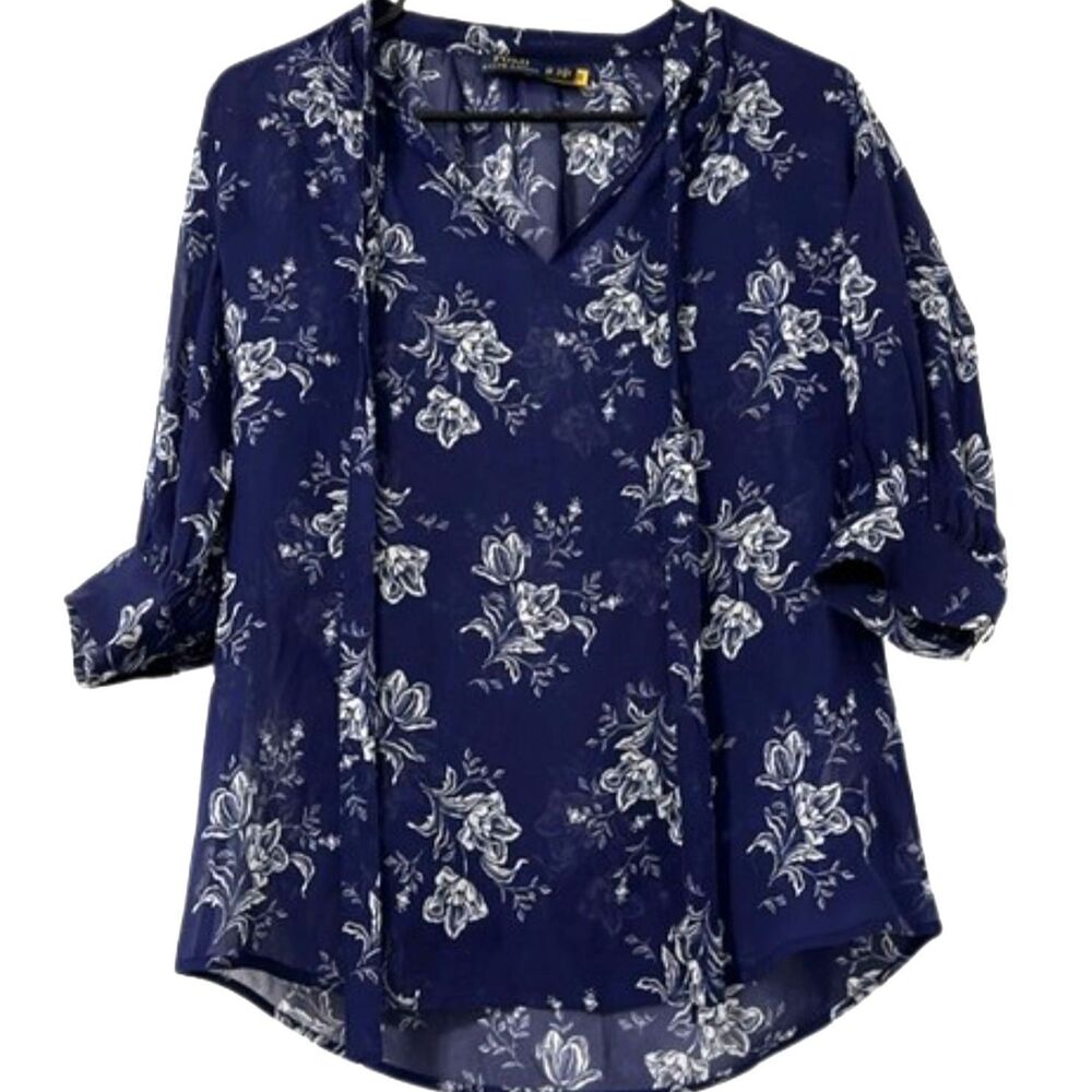 Polo Ralph Lauren Sheer Floral Top XS Tall Petite Tie Roll Tab Sleeve Preppy
